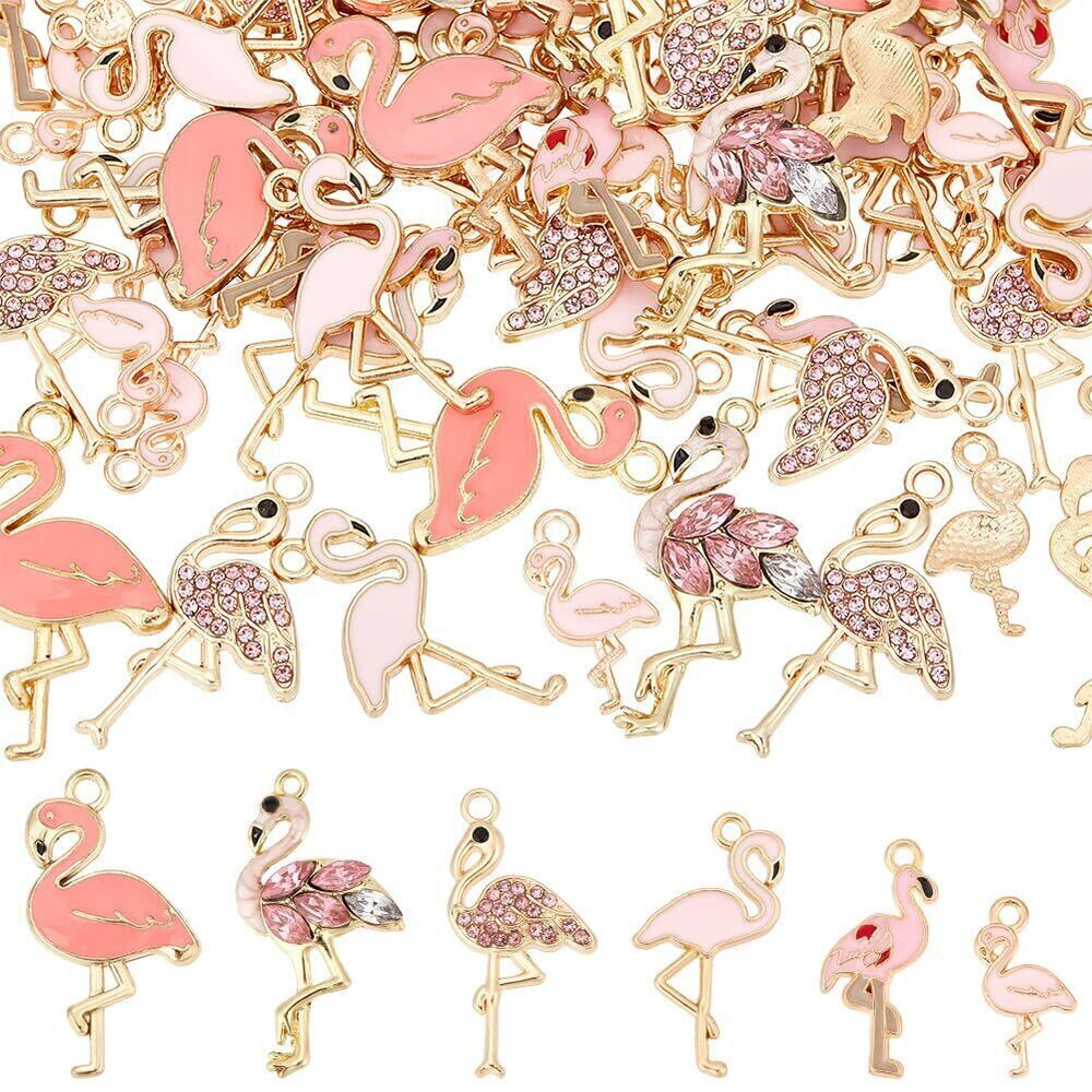 2309 75pcs 6 Style Flamingo Charms, Flamingo Enamel Charms Gold Plated